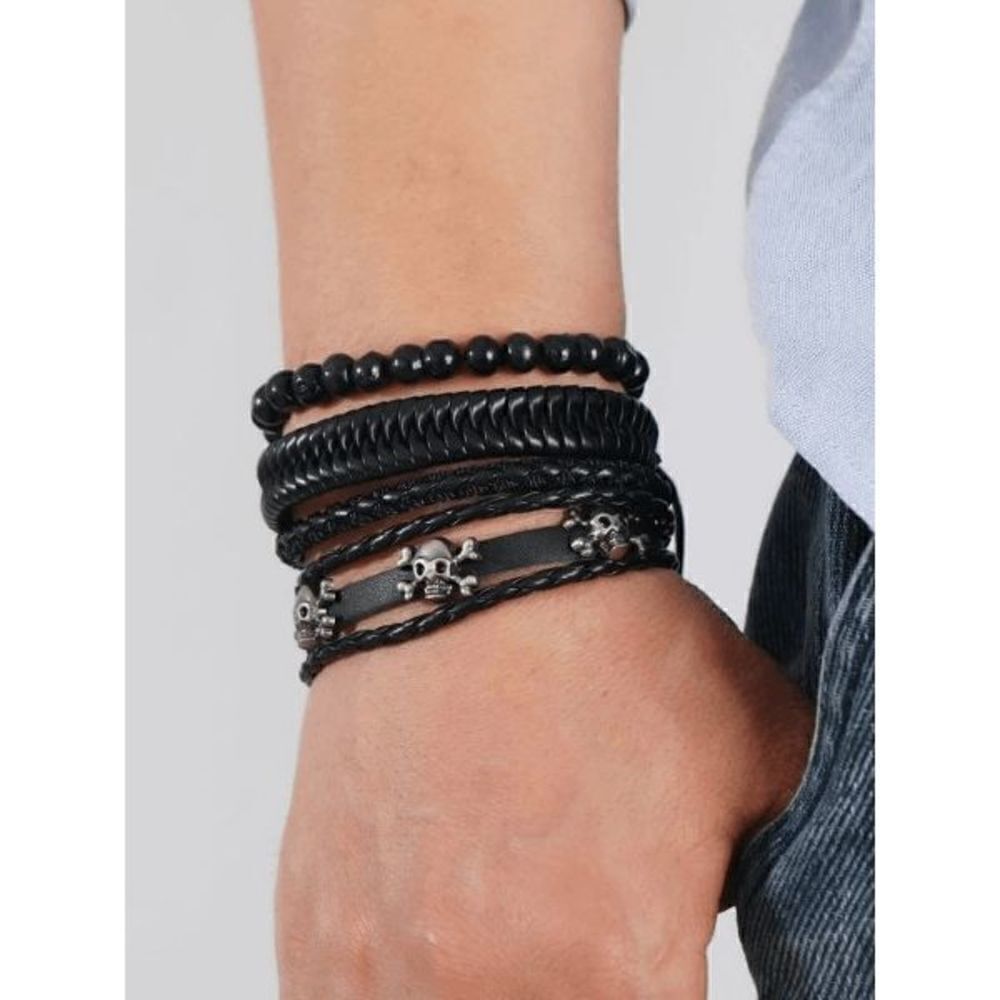 BLACK LEATHER SILVER SKULL BEAD BRACELET SET - 4 Piece Set